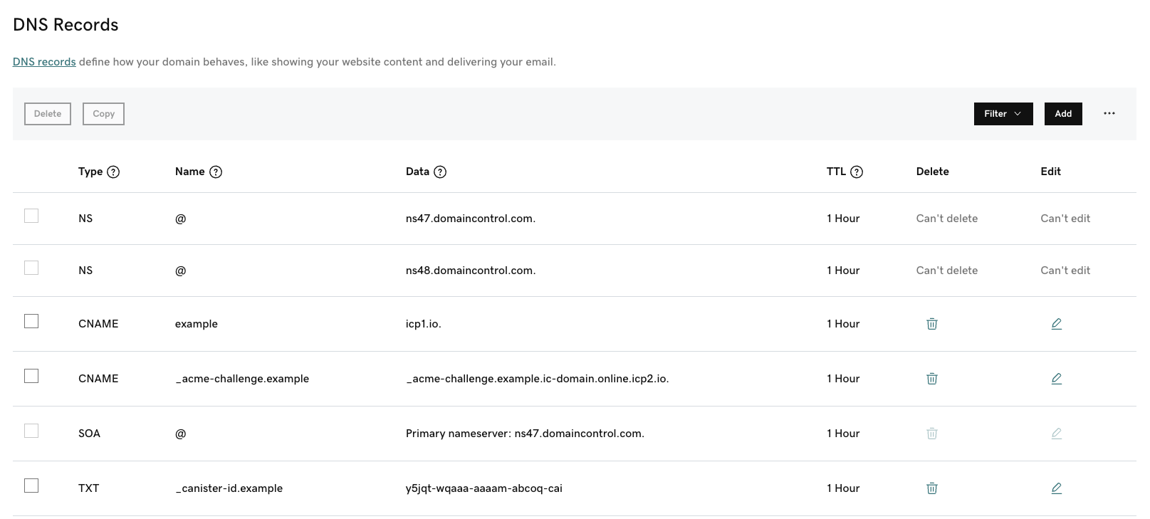 DNS Configuration for `example.ic-domain.online` on GoDaddy