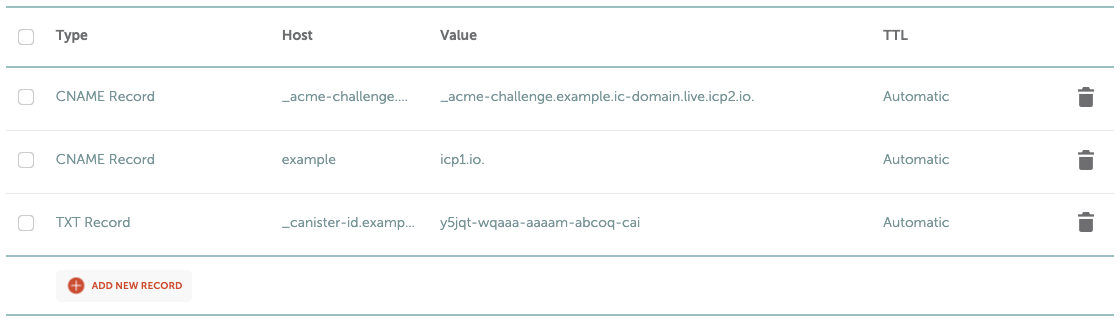 DNS Configuration for `example.ic-domain.live` on Namecheap