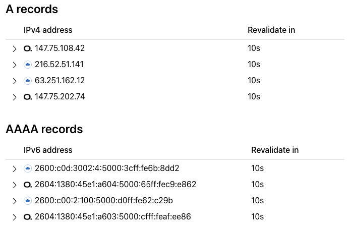 Resulting `A` and `AAAA` records from querying `icp1.io` on nslookup.io